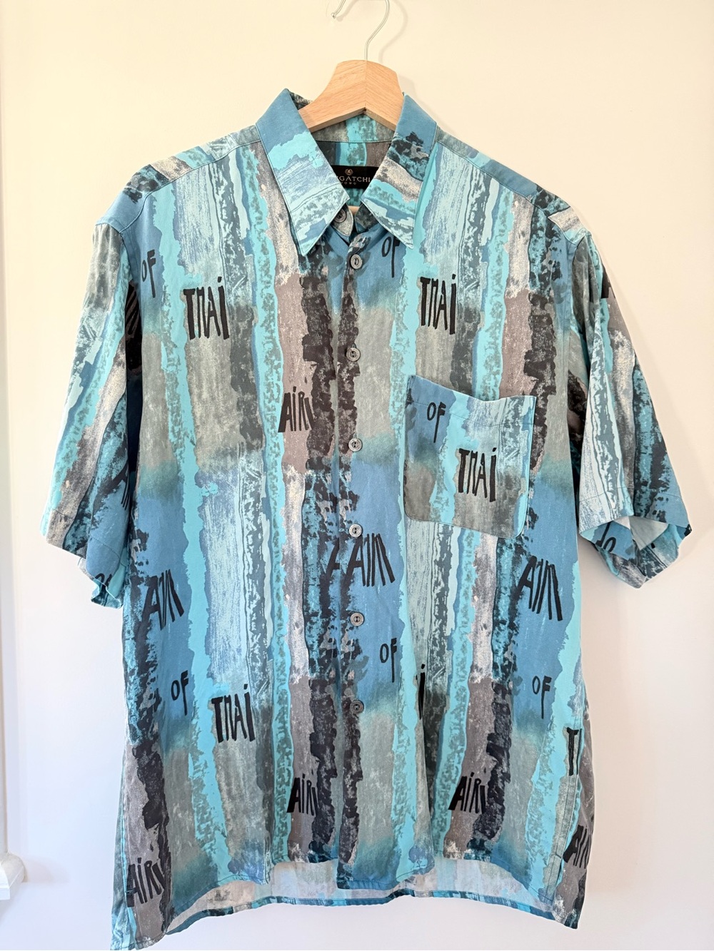 Bugatchi Silk Blue Gray Abstract Pattern Hawaiian Style Short-Sleeve Button-Down